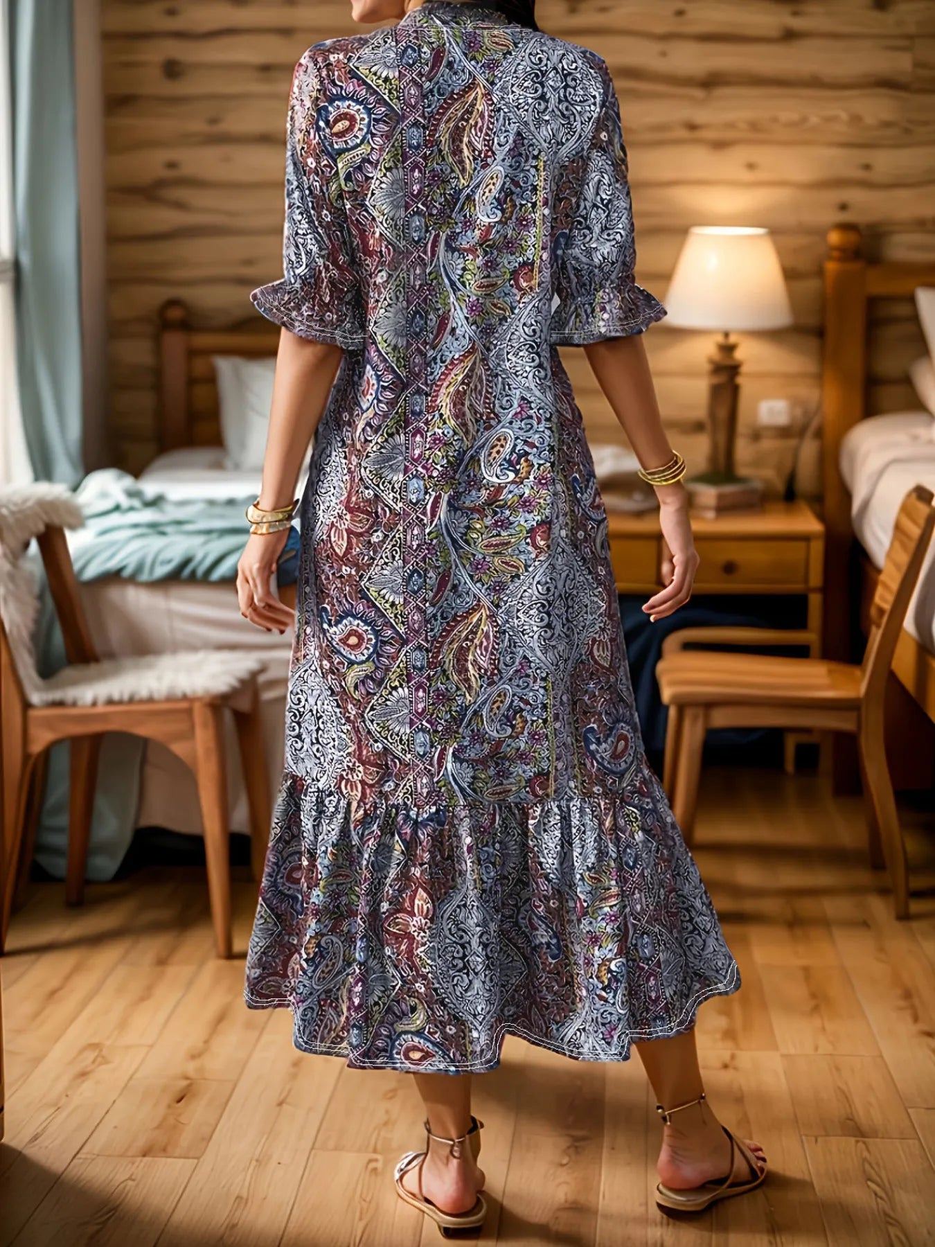 Elegant Bohemian Paisley Midi Dress – Flowy V-Neck Ruffle Hem Dress for Women