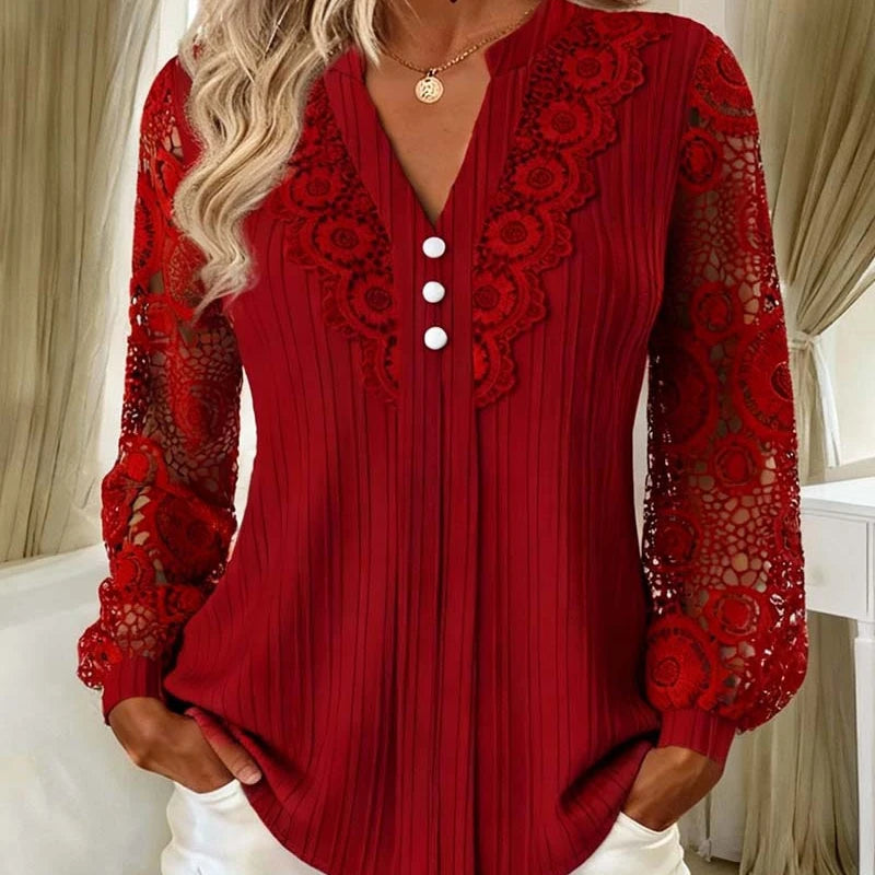 Crochet Lace V-Neck Long Sleeve Top