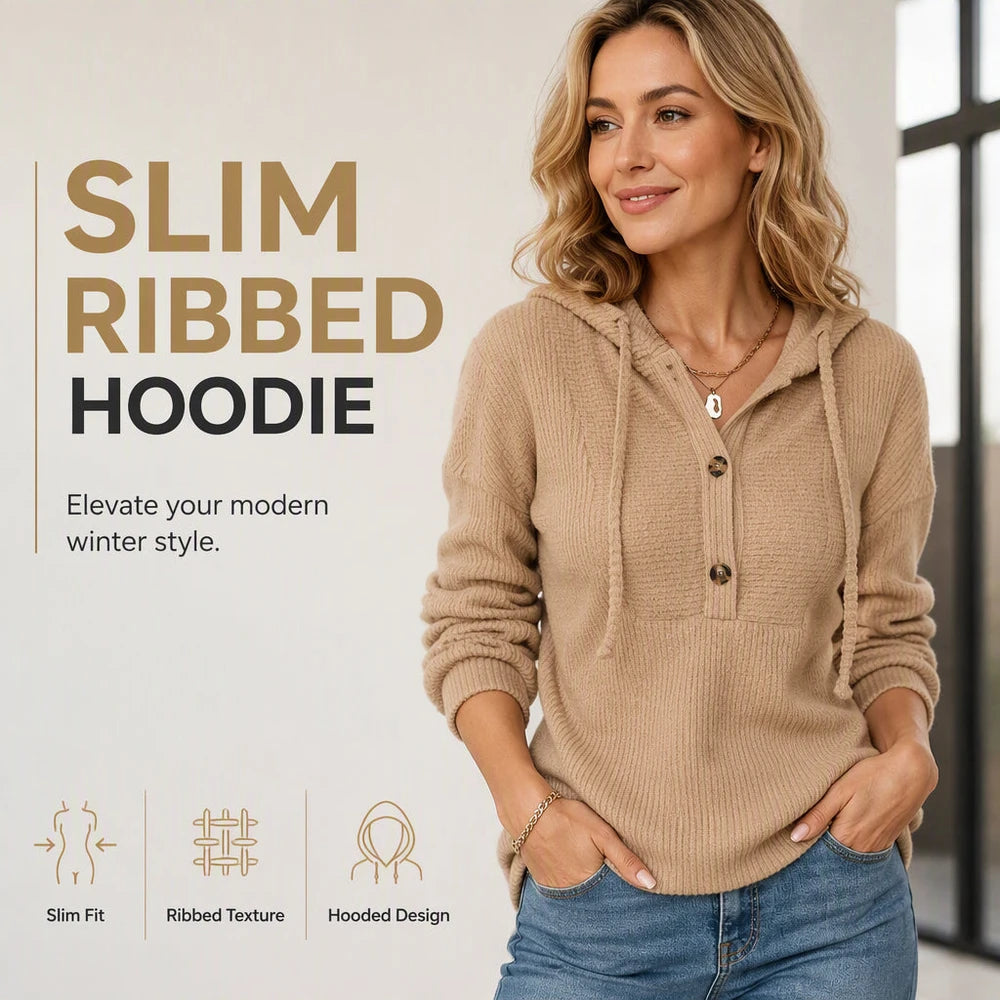 Women’s Ribbed Knit Button-Neck Pullover Hoodie