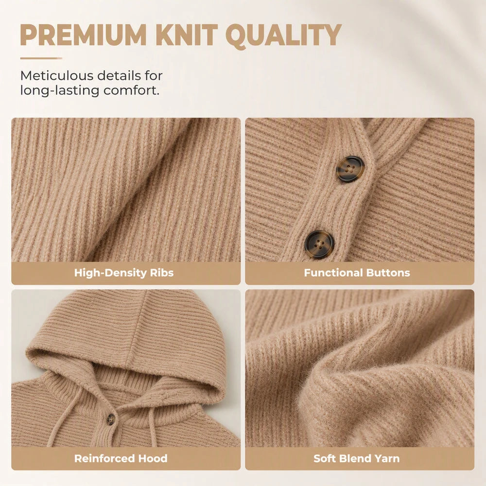 Women’s Ribbed Knit Button-Neck Pullover Hoodie