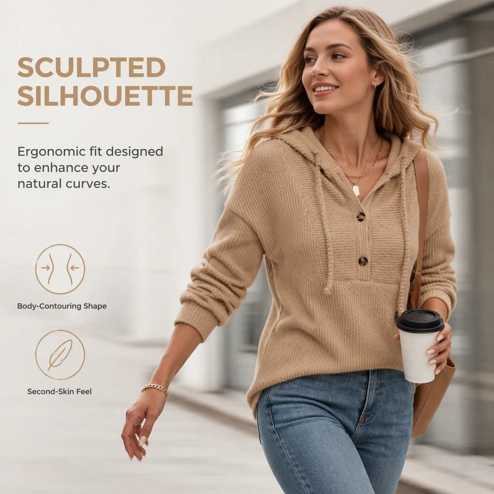 Women’s Ribbed Knit Button-Neck Pullover Hoodie