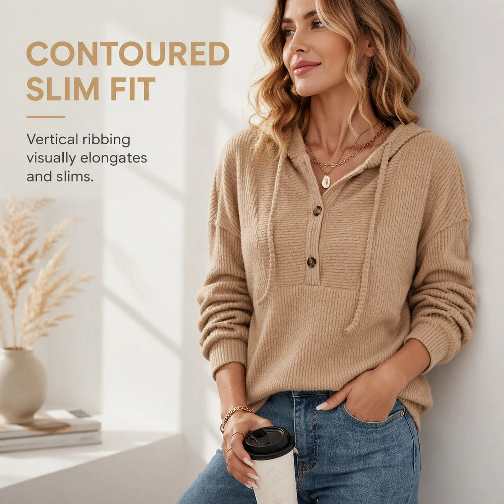 Women’s Ribbed Knit Button-Neck Pullover Hoodie