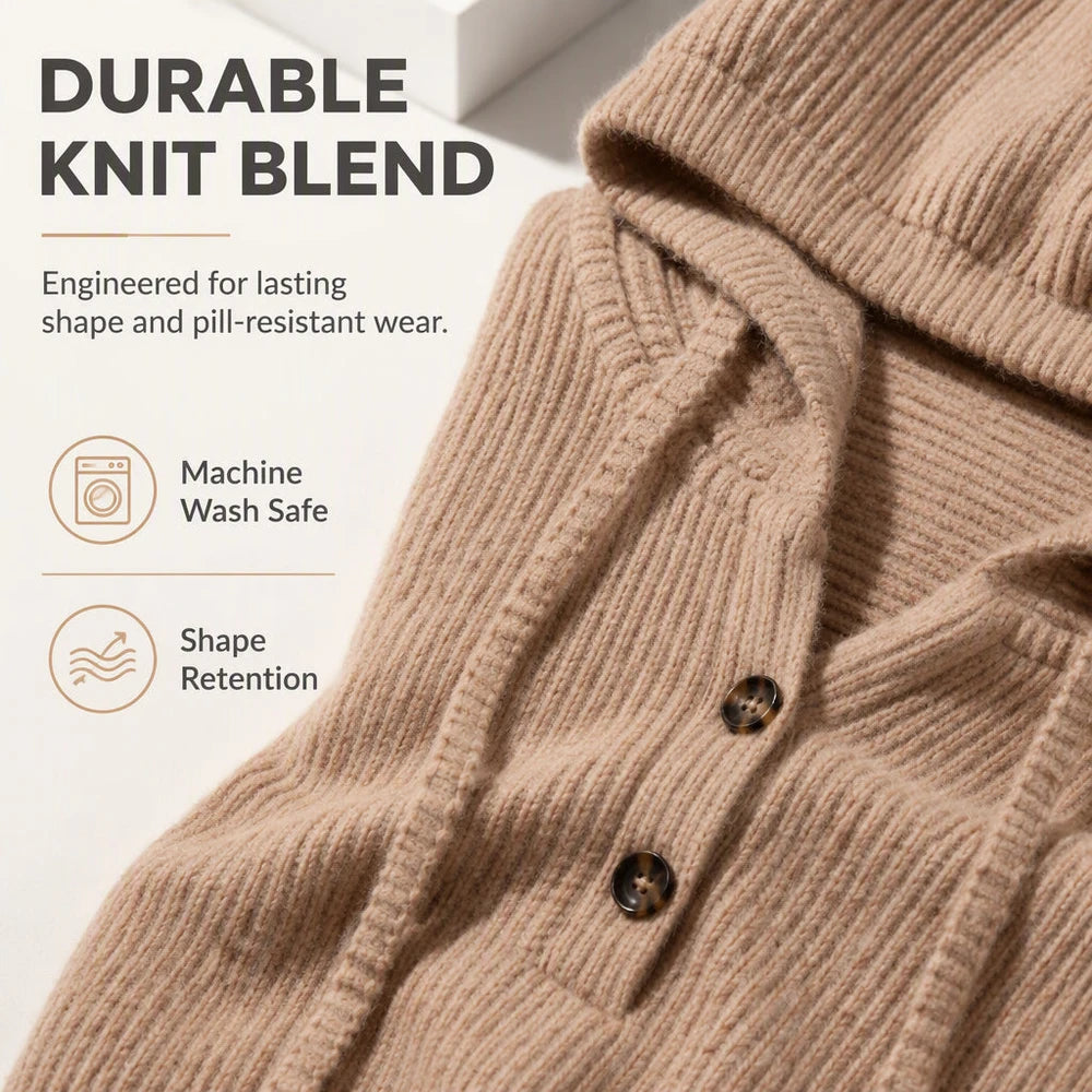 Women’s Ribbed Knit Button-Neck Pullover Hoodie
