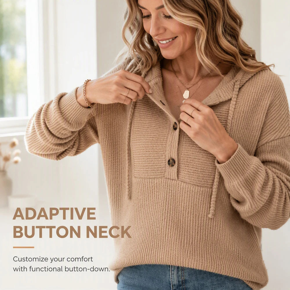 Women’s Ribbed Knit Button-Neck Pullover Hoodie