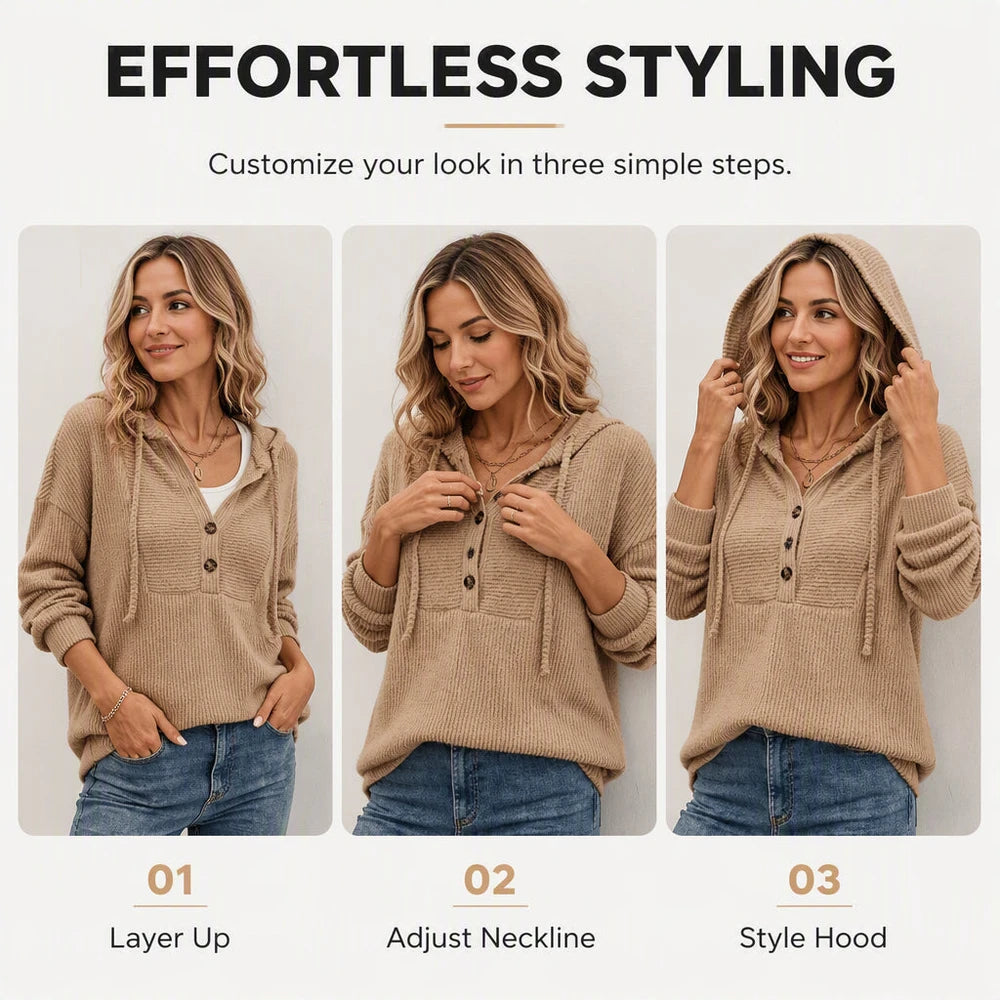 Women’s Ribbed Knit Button-Neck Pullover Hoodie