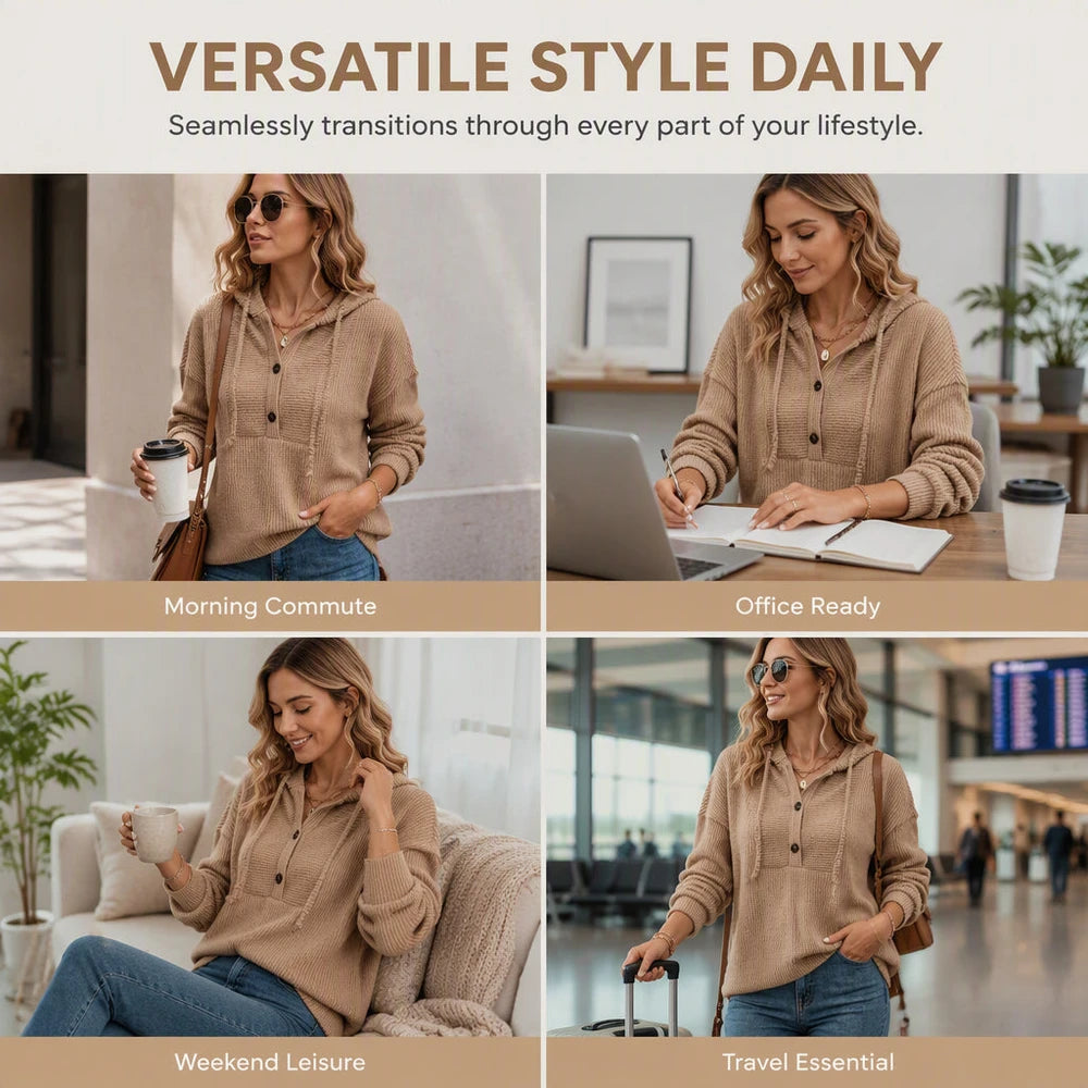 Women’s Ribbed Knit Button-Neck Pullover Hoodie