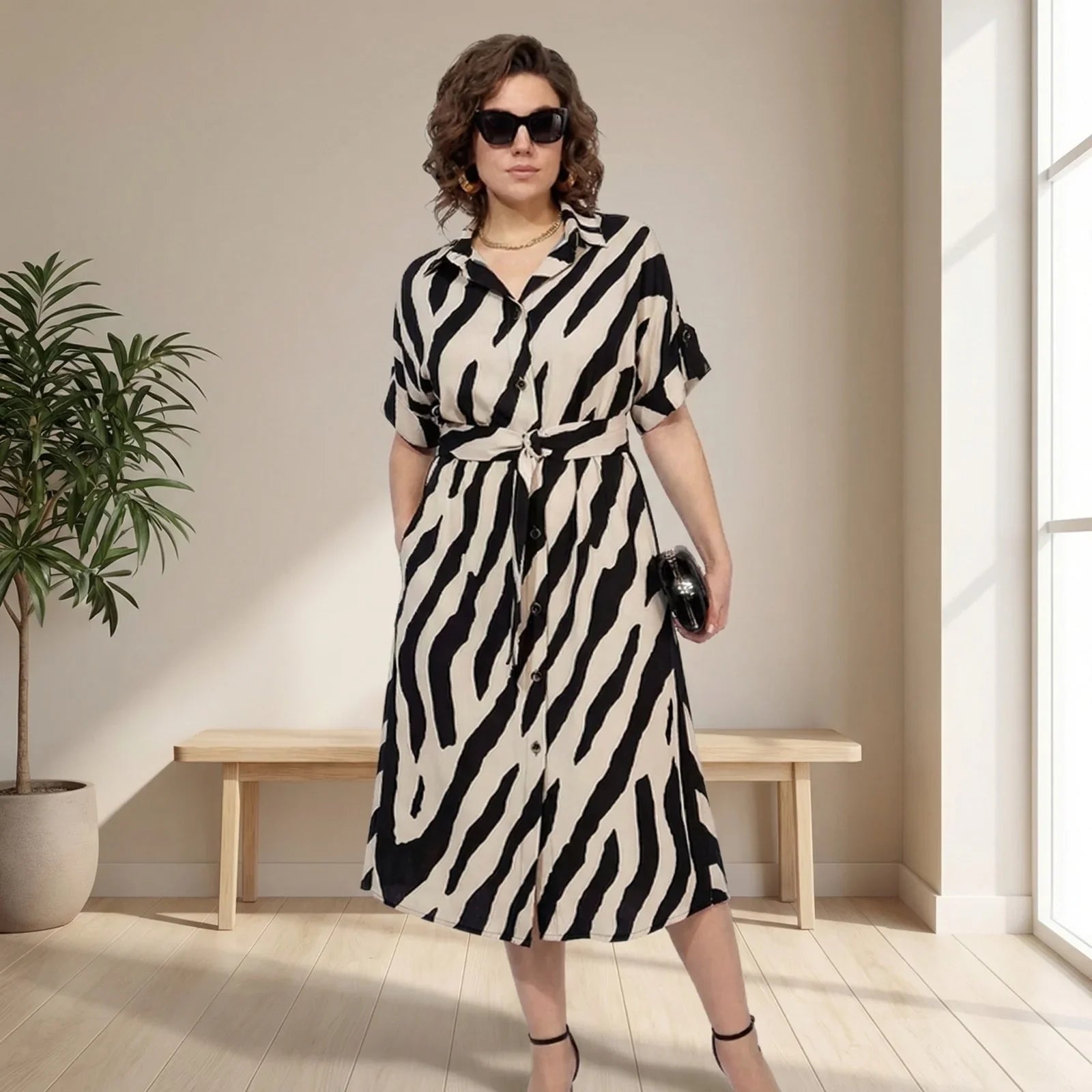 Women's Elegant Midi Shirt Dress | Button Front Relaxed Fit Casual Dress