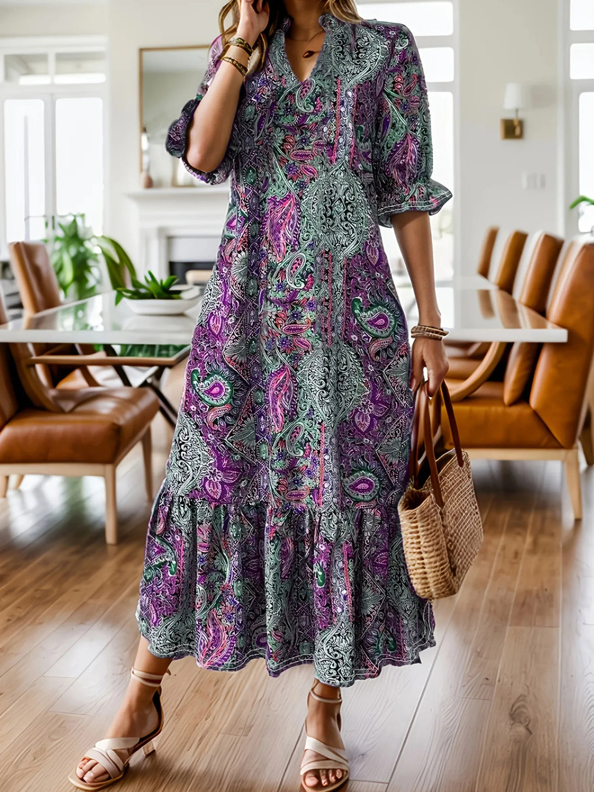 Elegant Bohemian Paisley Midi Dress – Flowy V-Neck Ruffle Hem Dress for Women