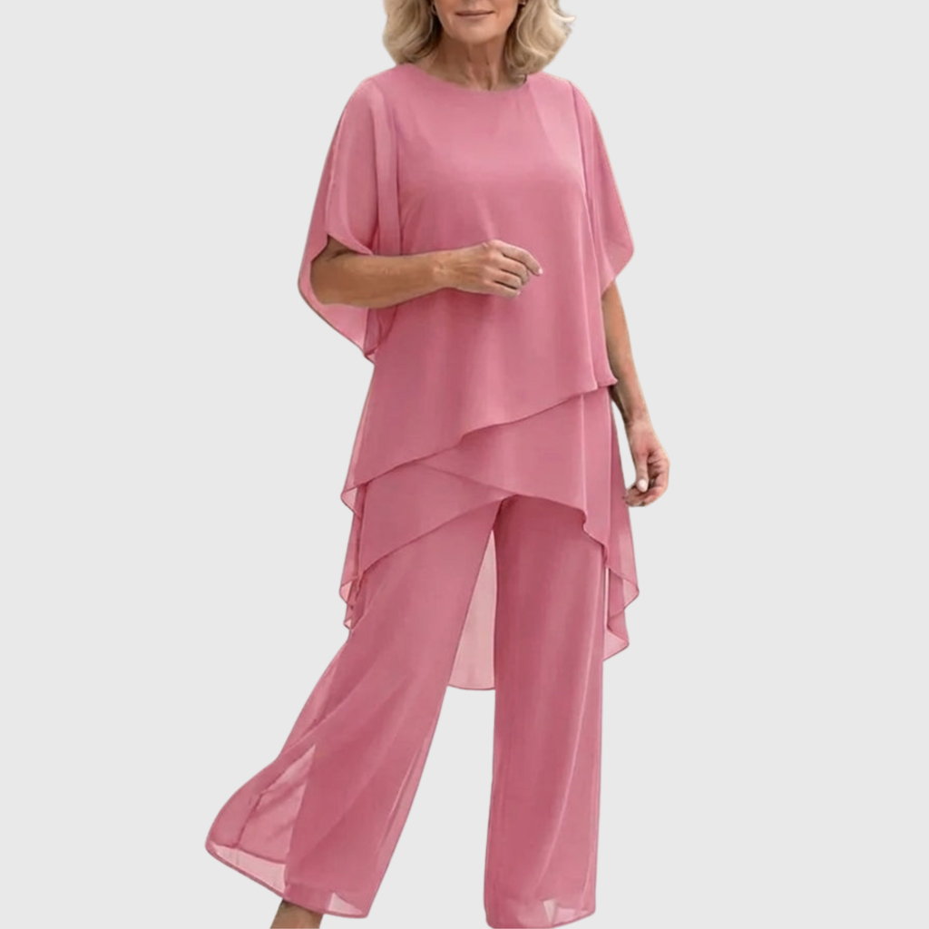 Women's Elegant Chiffon Two Piece Set - Flowy Tunic Top & Wide Leg Pants