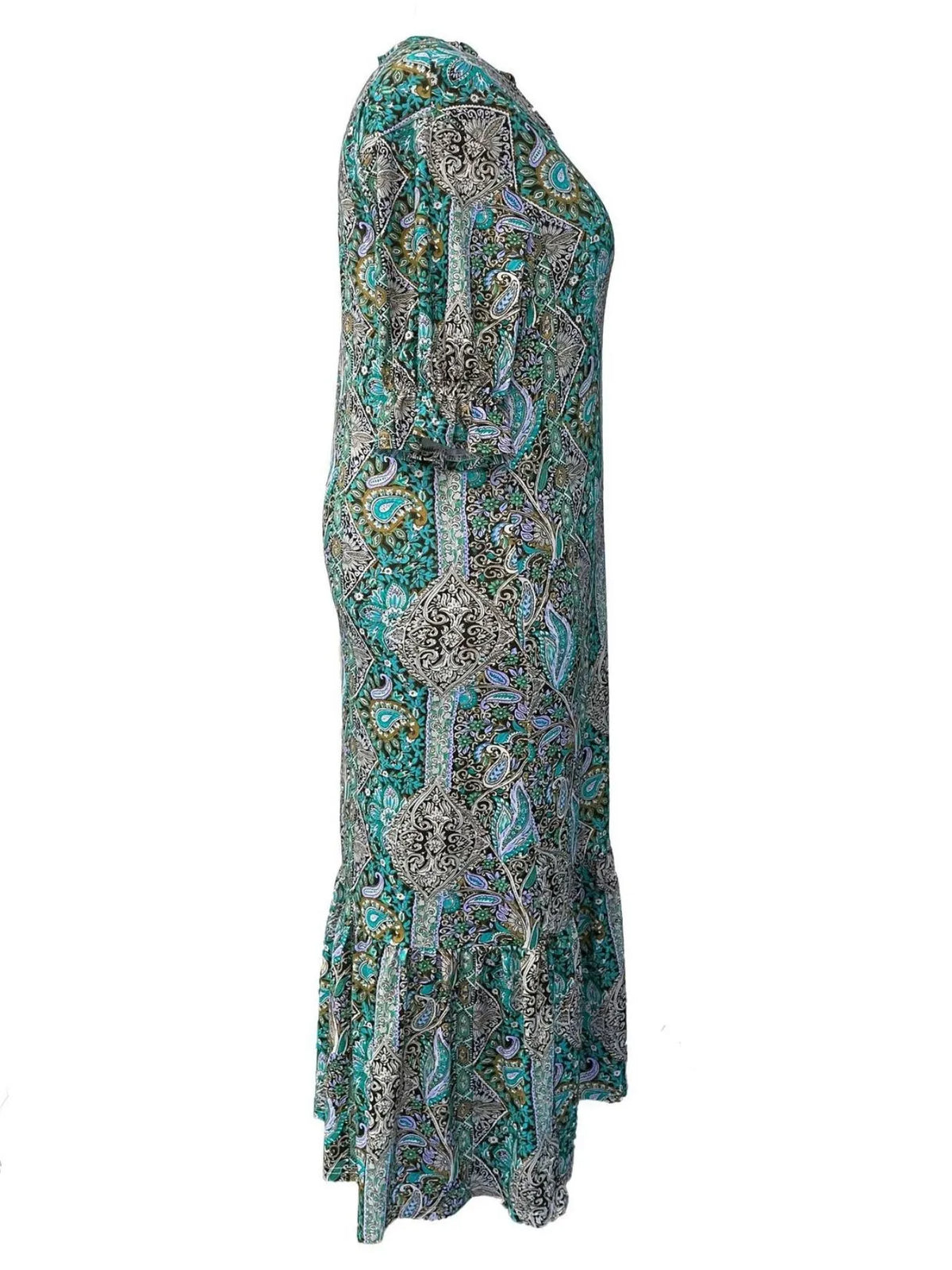 Elegant Bohemian Paisley Midi Dress – Flowy V-Neck Ruffle Hem Dress for Women