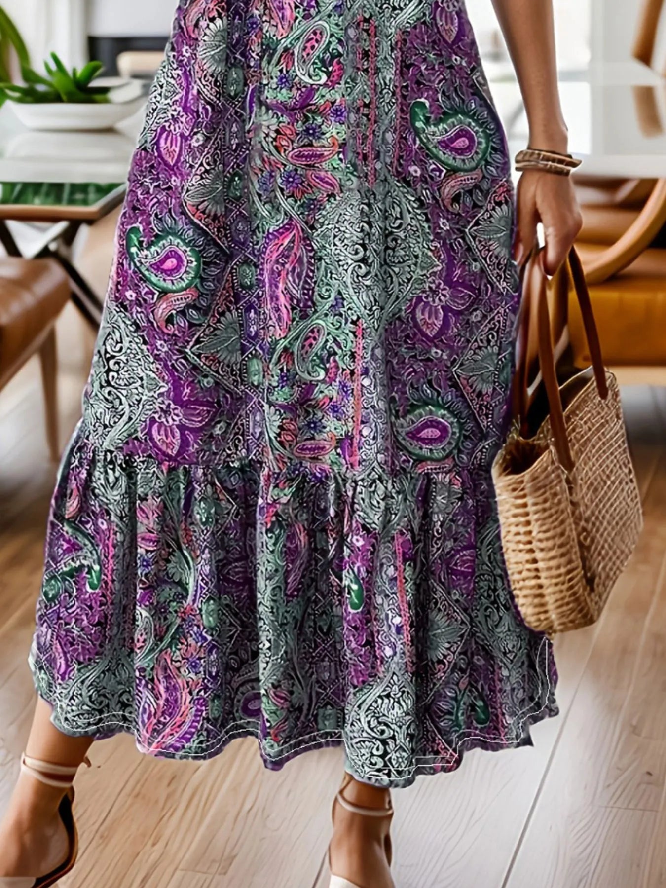 Elegant Bohemian Paisley Midi Dress – Flowy V-Neck Ruffle Hem Dress for Women