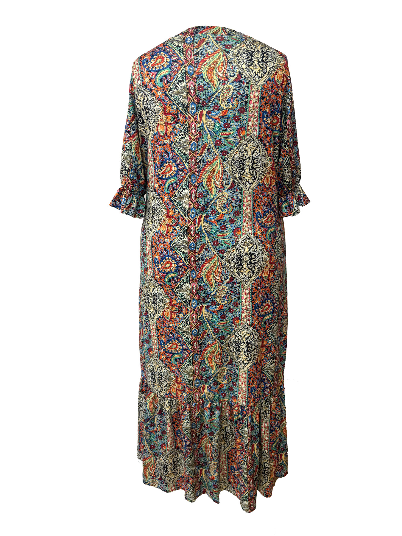 Elegant Bohemian Paisley Midi Dress – Flowy V-Neck Ruffle Hem Dress for Women