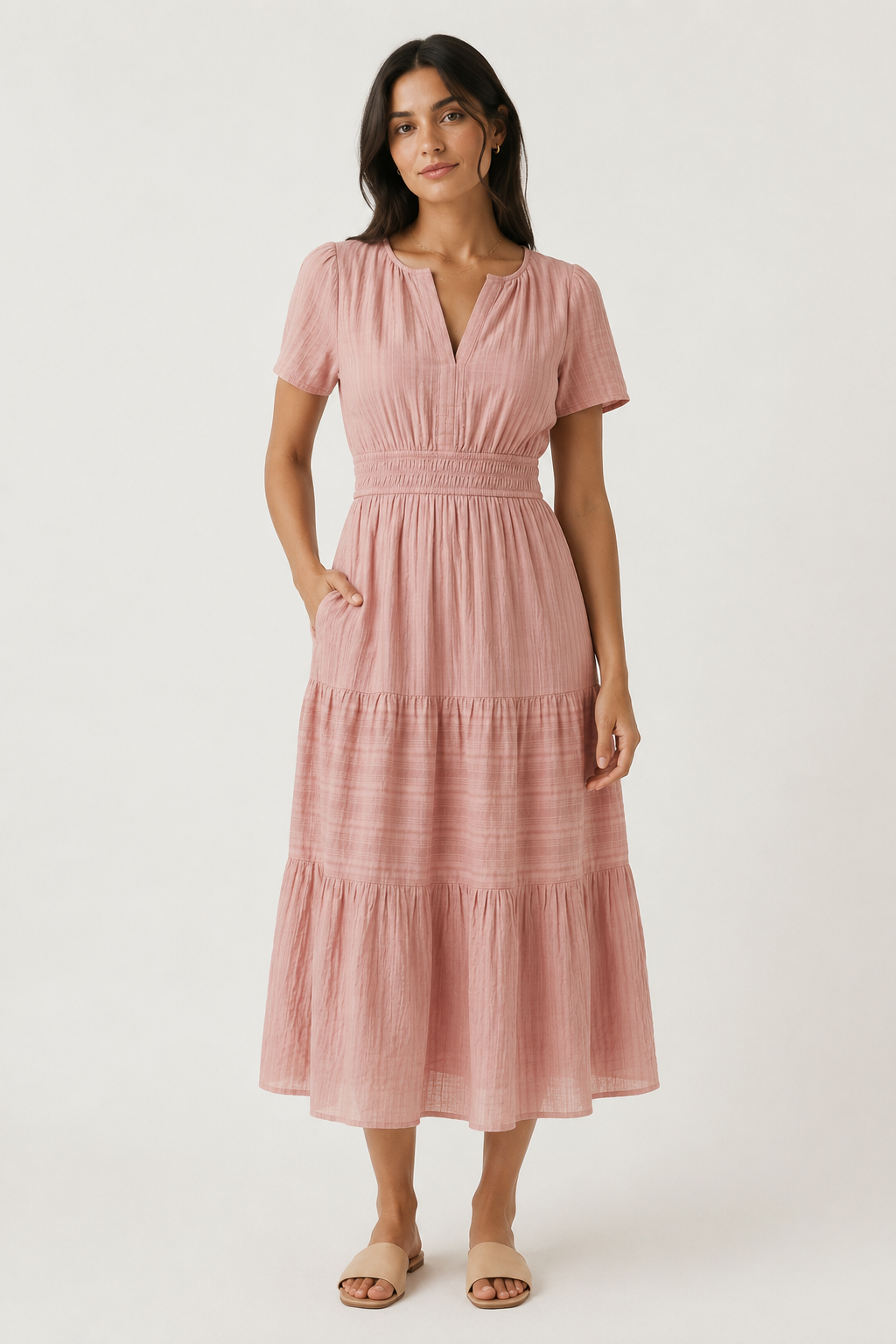Solene Cotton Midi Dress - Elegant Everyday Summer Dress with Pockets