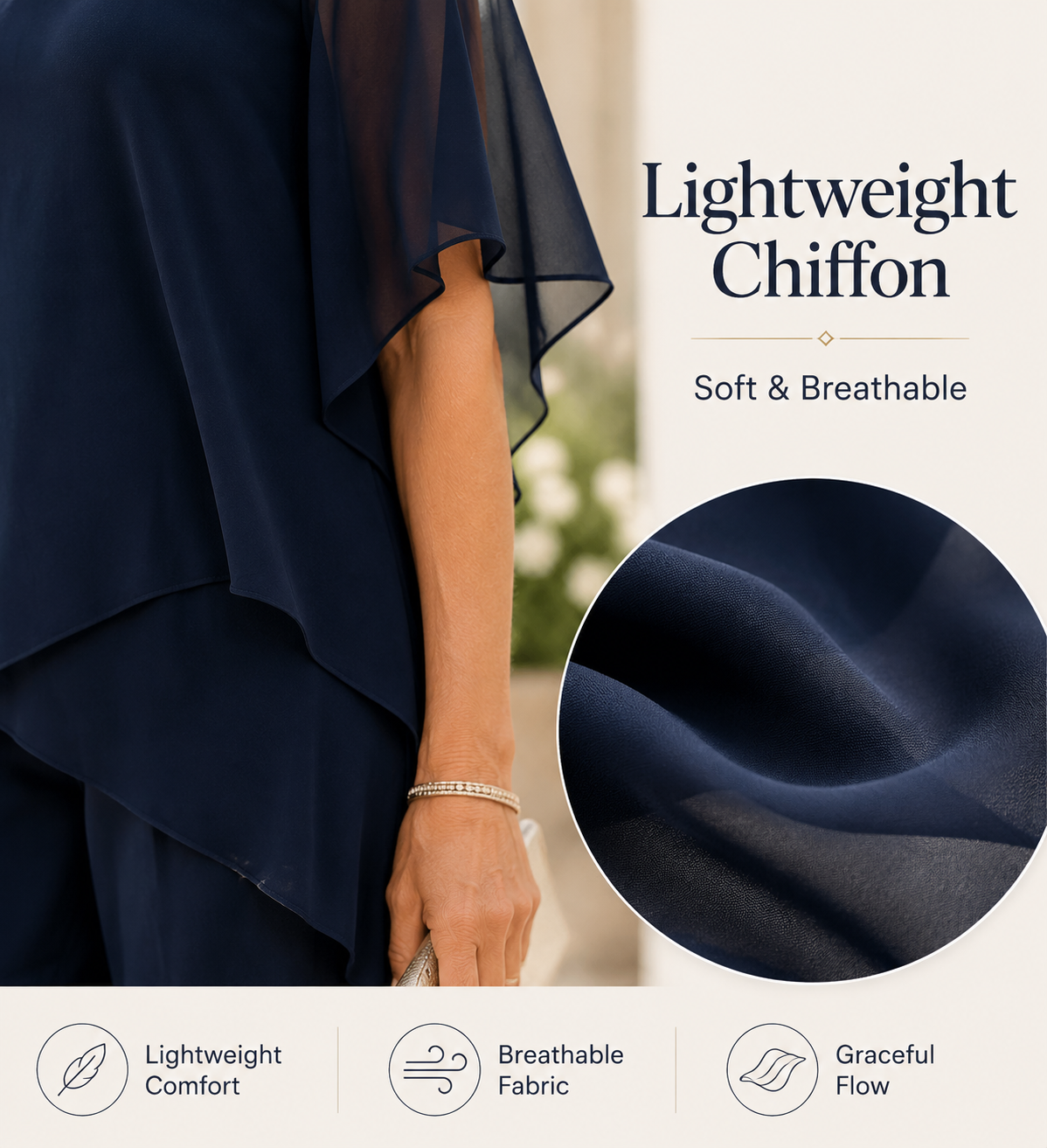 Women's Elegant Chiffon Two Piece Set - Flowy Tunic Top & Wide Leg Pants