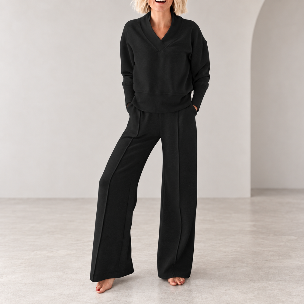 Women's Relaxed Two-Piece Set – Long Sleeve Top & Wide-Leg Pants
