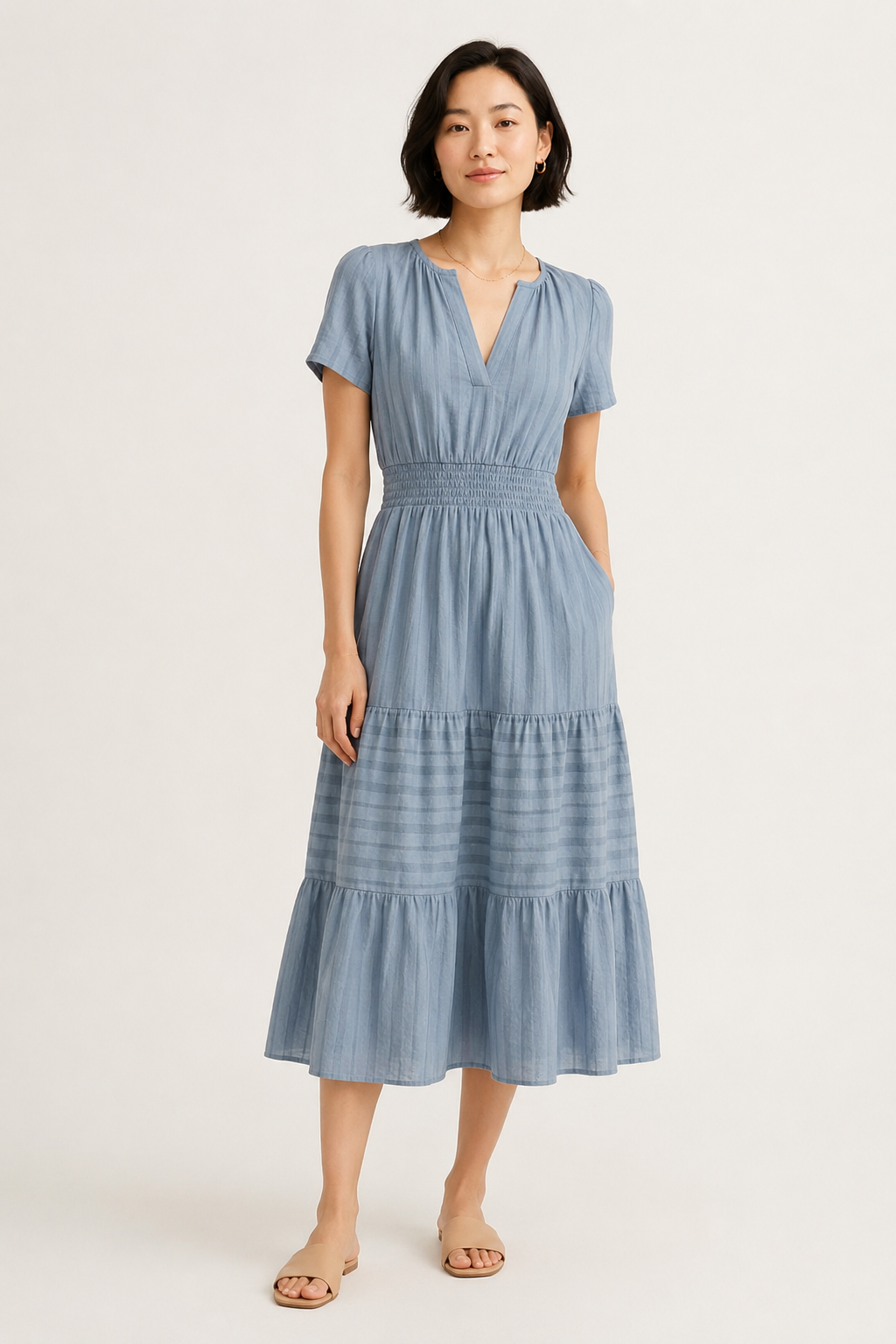 Solene Cotton Midi Dress - Elegant Everyday Summer Dress with Pockets