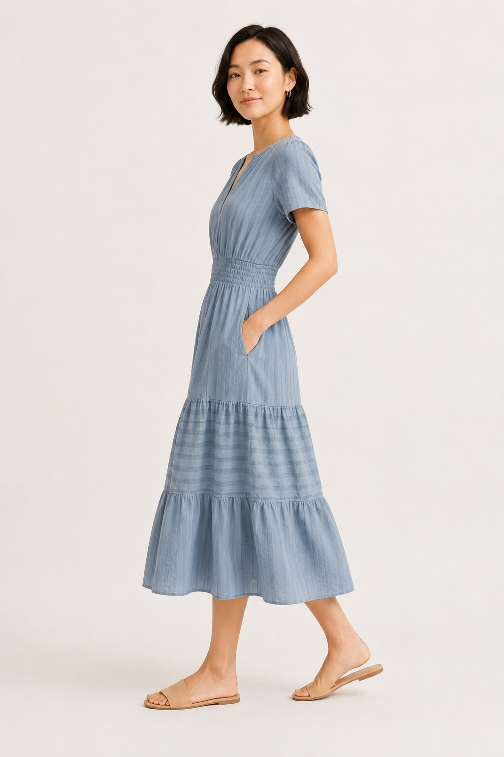 Solene Cotton Midi Dress - Elegant Everyday Summer Dress with Pockets