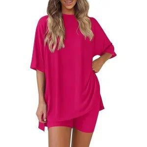 Casual 2-Piece Loungewear Set Oversized Split Hem Top & Fitted Shorts