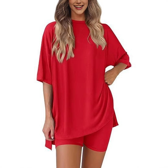 Casual 2-Piece Loungewear Set Oversized Split Hem Top & Fitted Shorts