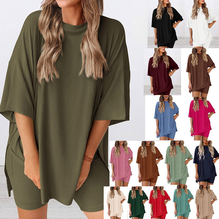 Casual 2-Piece Loungewear Set Oversized Split Hem Top & Fitted Shorts