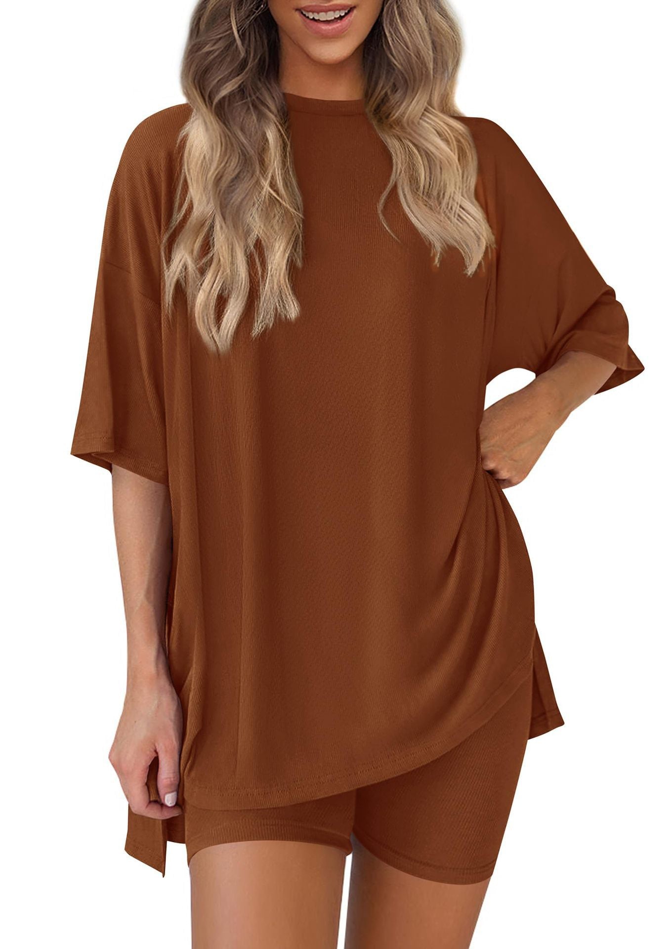 Casual 2-Piece Loungewear Set Oversized Split Hem Top & Fitted Shorts