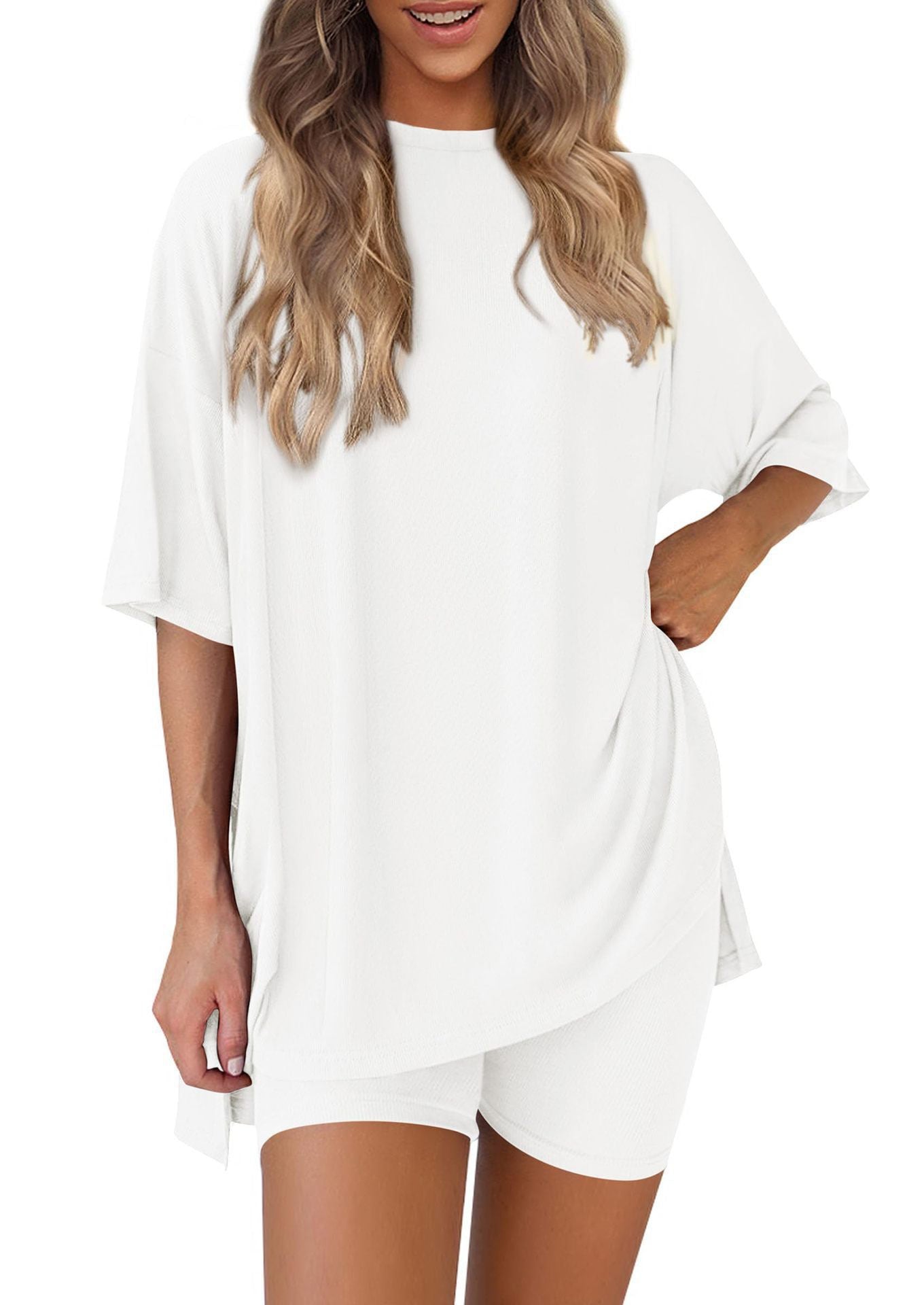 Casual 2-Piece Loungewear Set Oversized Split Hem Top & Fitted Shorts