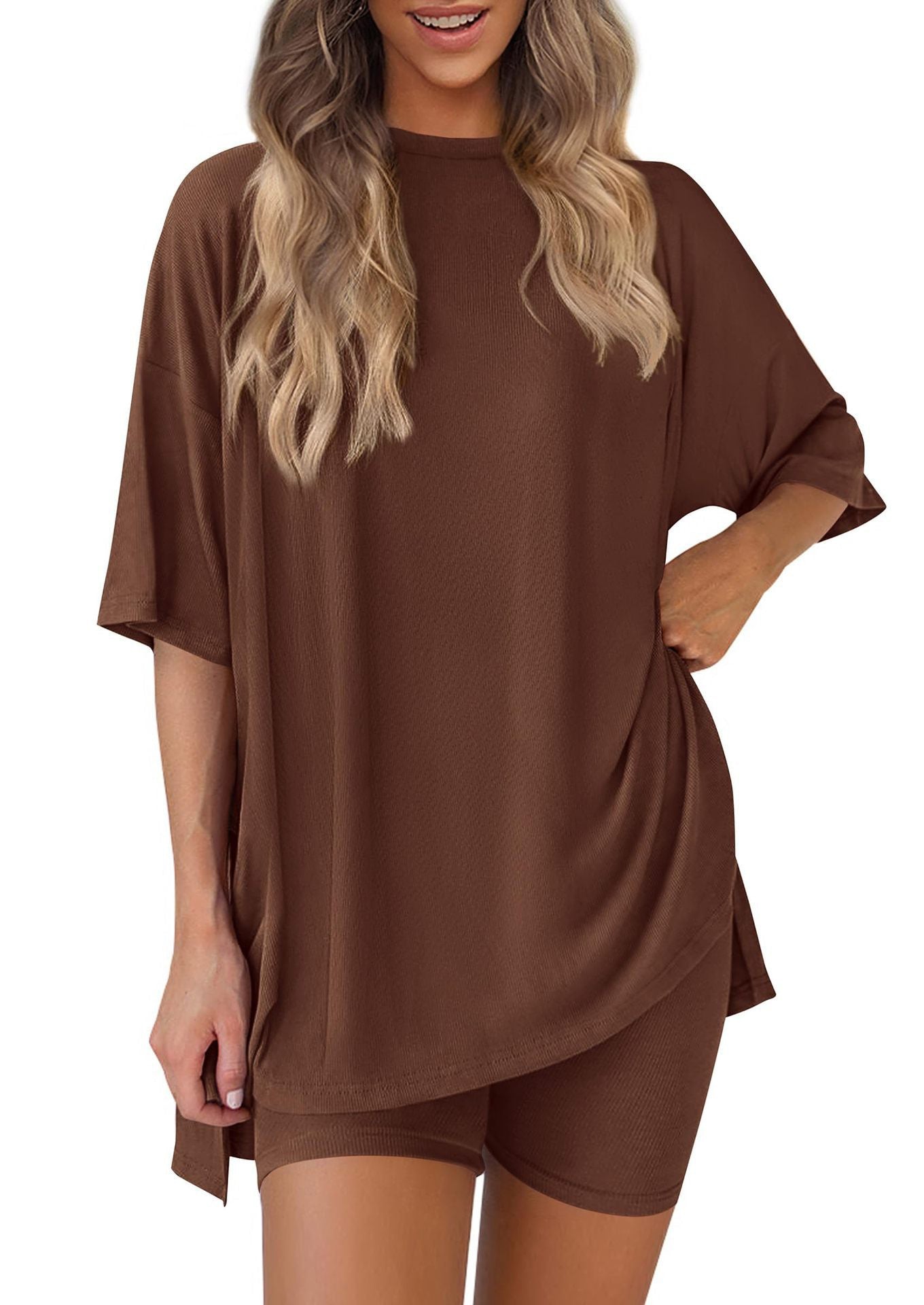 Casual 2-Piece Loungewear Set Oversized Split Hem Top & Fitted Shorts