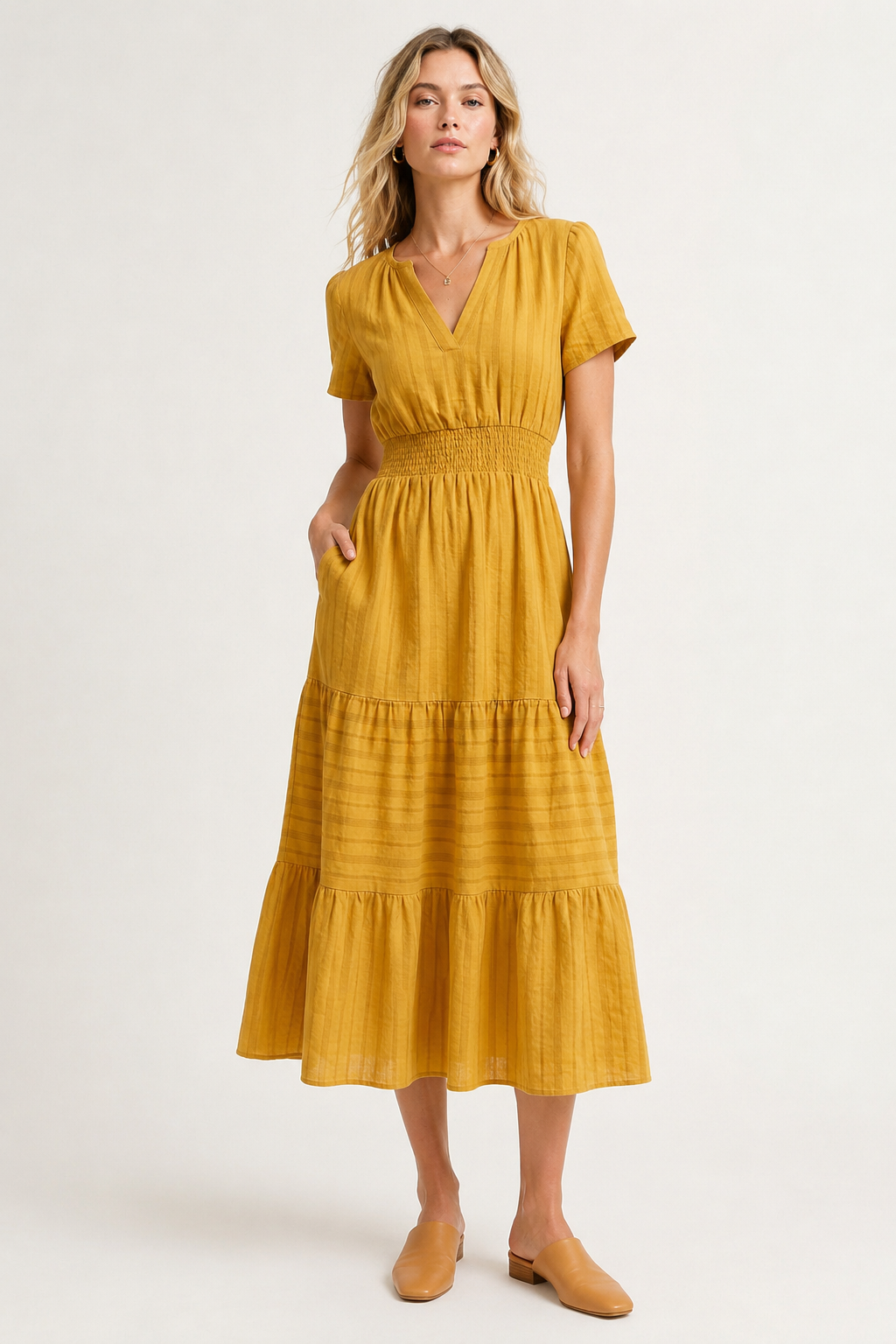 Solene Cotton Midi Dress - Elegant Everyday Summer Dress with Pockets