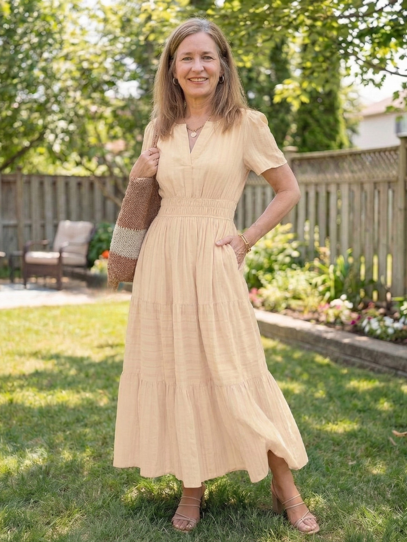 Solene Cotton Midi Dress - Elegant Everyday Summer Dress with Pockets