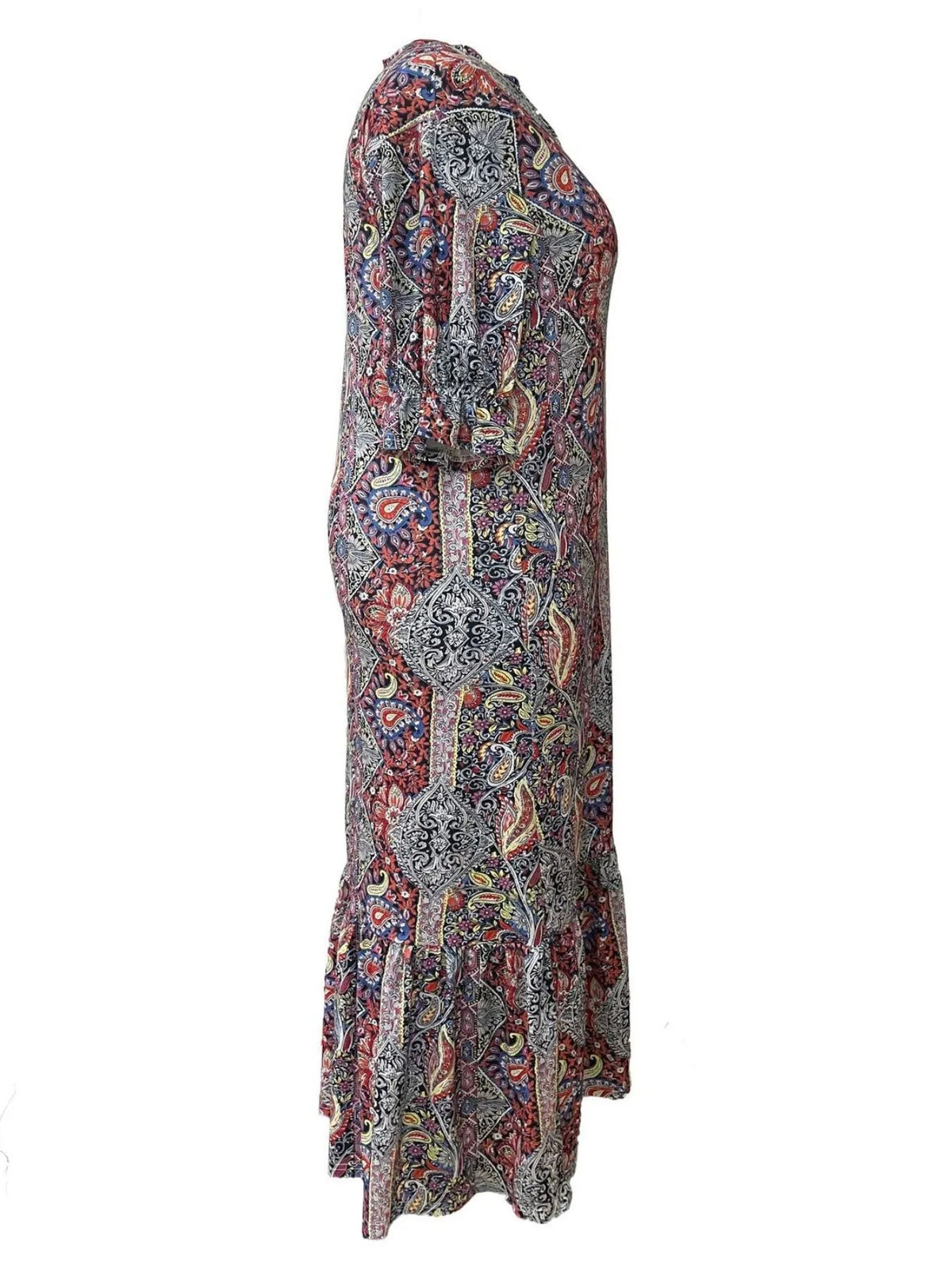 Elegant Bohemian Paisley Midi Dress – Flowy V-Neck Ruffle Hem Dress for Women