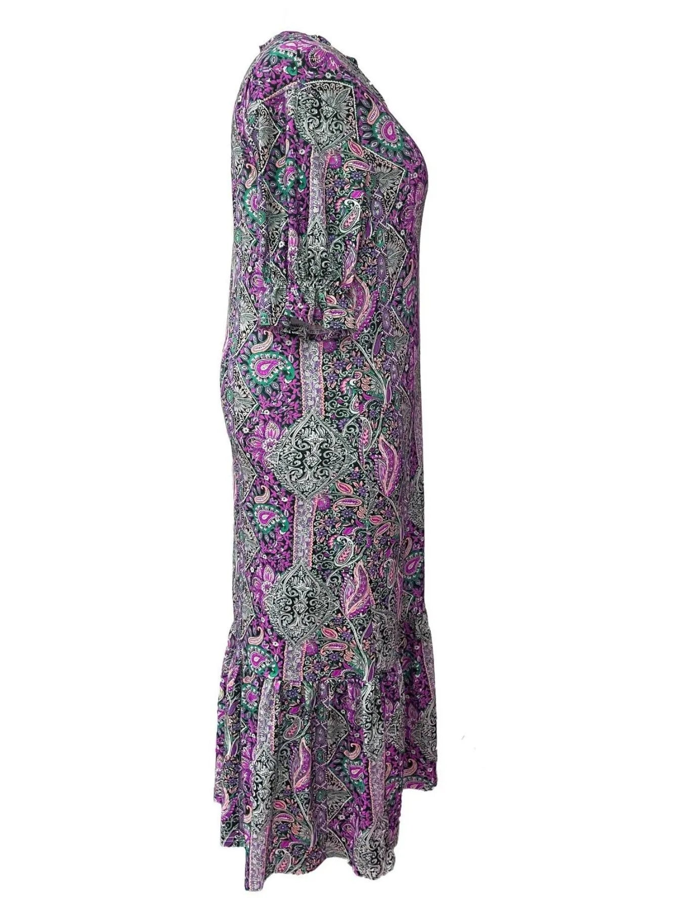 Elegant Bohemian Paisley Midi Dress – Flowy V-Neck Ruffle Hem Dress for Women