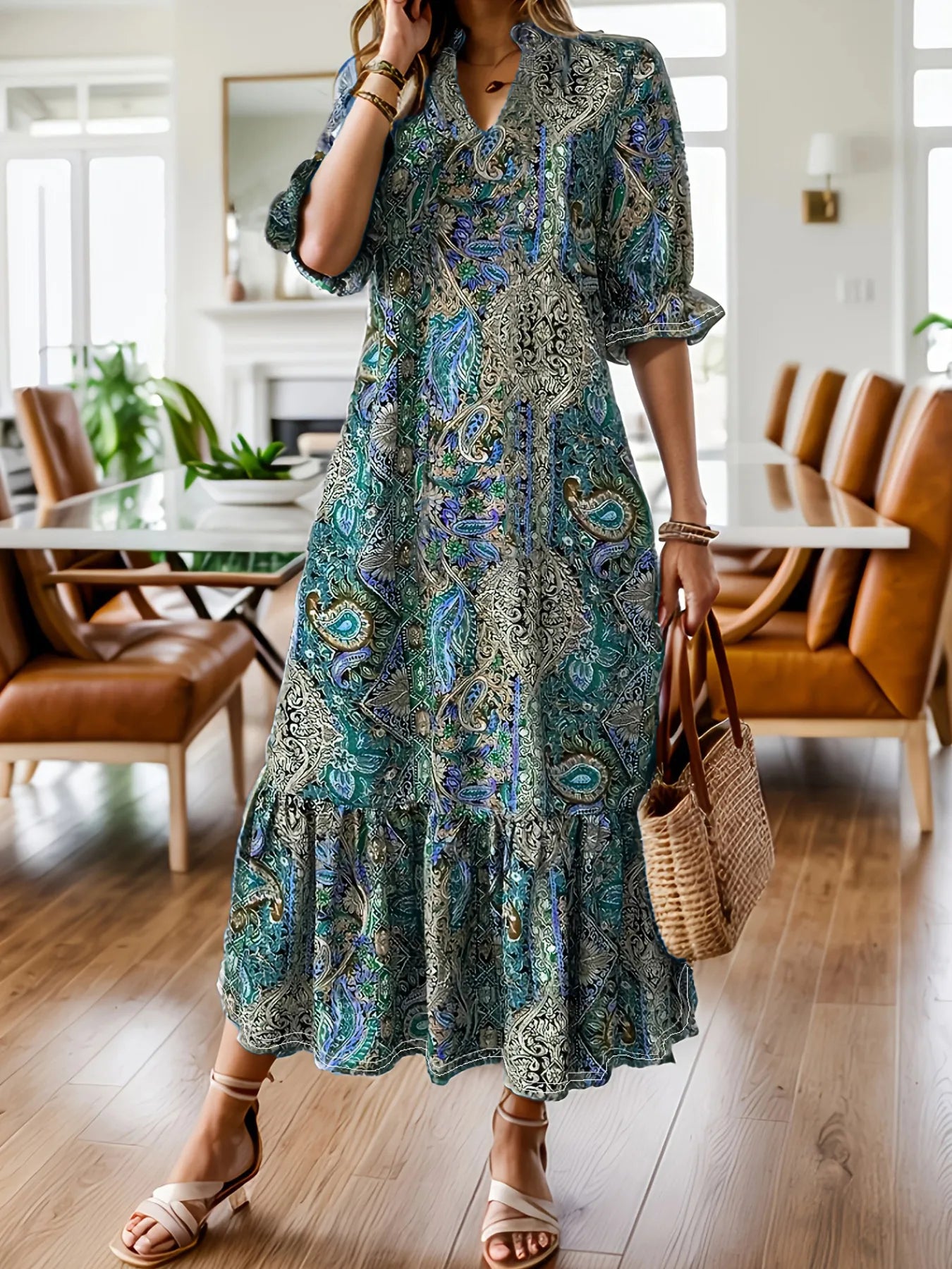 Elegant Bohemian Paisley Midi Dress – Flowy V-Neck Ruffle Hem Dress for Women