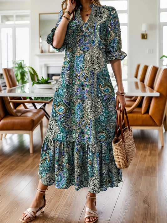Elegant Bohemian Paisley Midi Dress – Flowy V-Neck Ruffle Hem Dress for Women