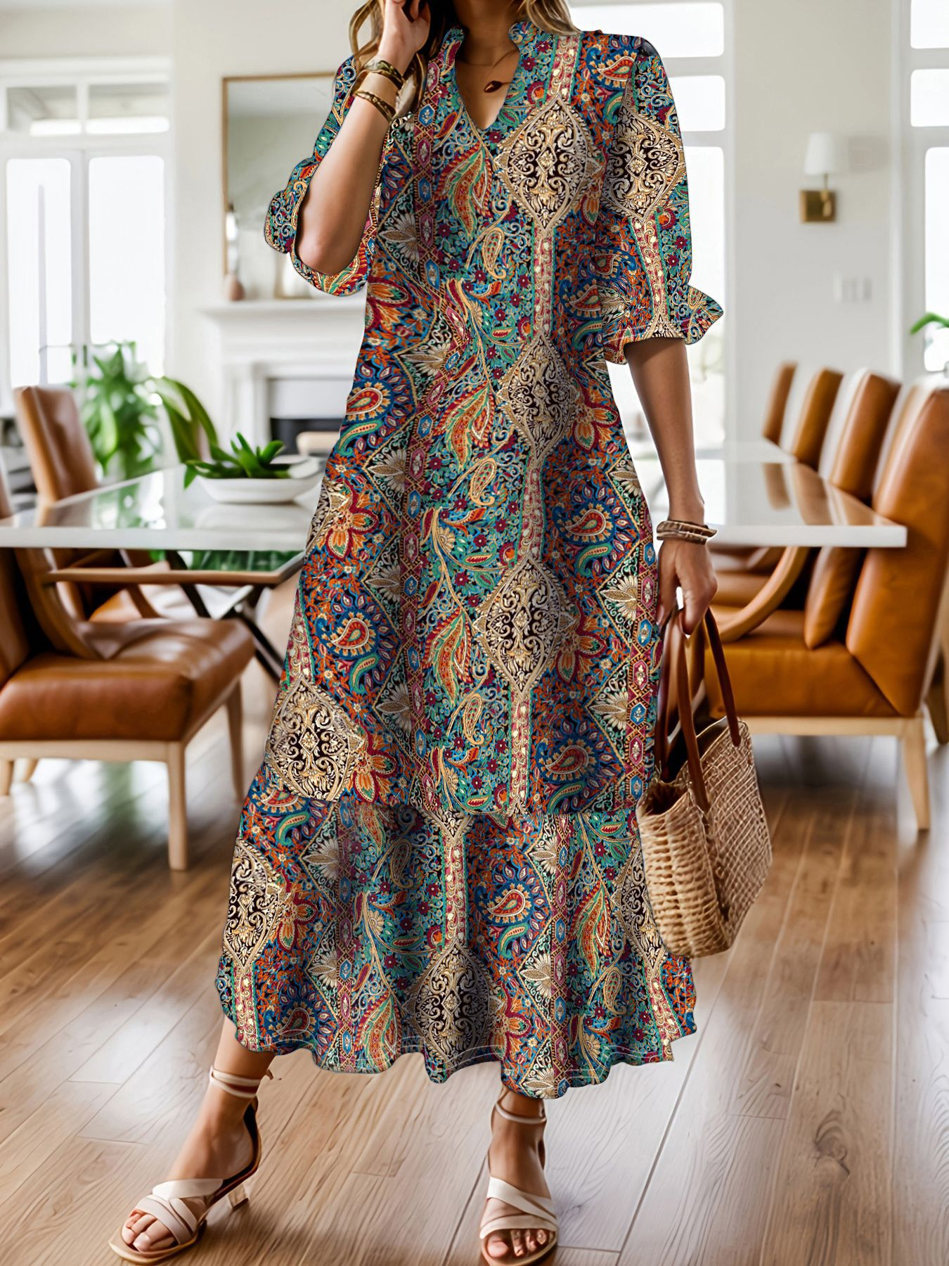 Elegant Bohemian Paisley Midi Dress – Flowy V-Neck Ruffle Hem Dress for Women
