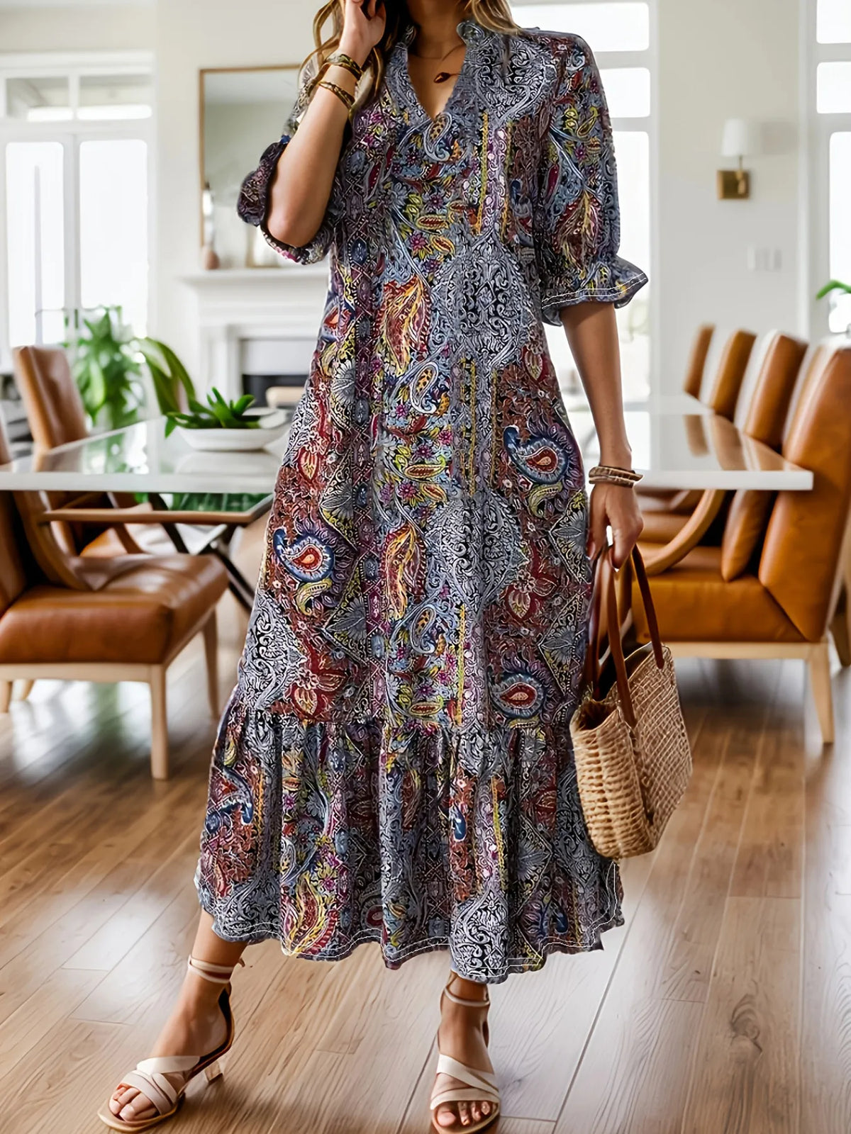 Elegant Bohemian Paisley Midi Dress – Flowy V-Neck Ruffle Hem Dress for Women