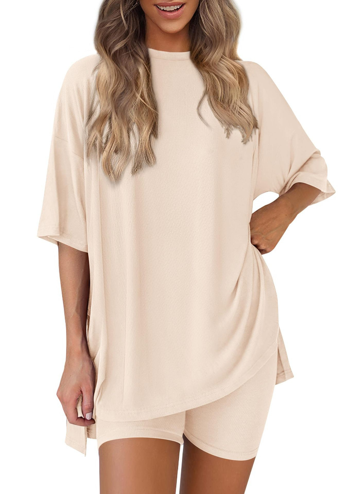 Casual 2-Piece Loungewear Set Oversized Split Hem Top & Fitted Shorts