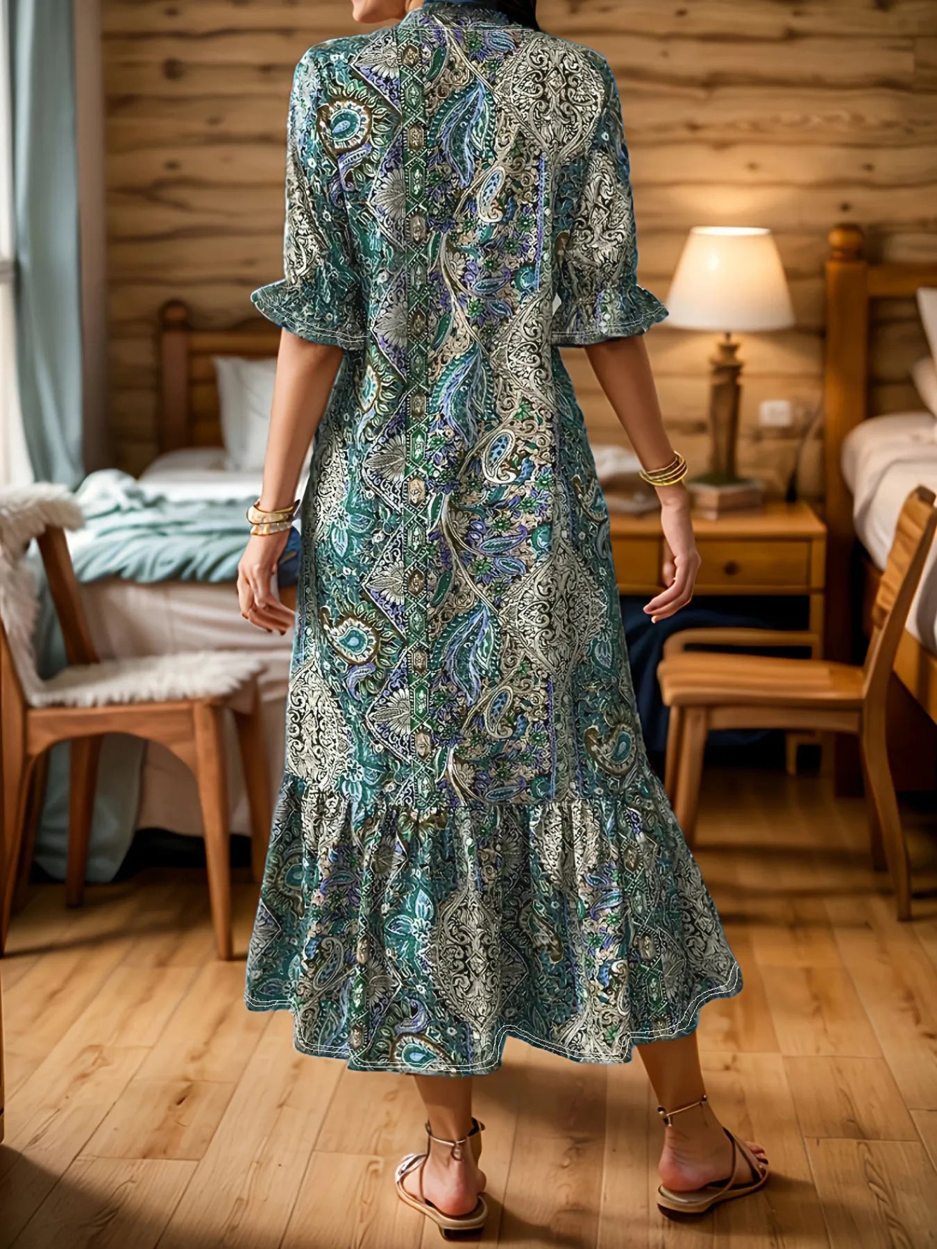 Elegant Bohemian Paisley Midi Dress – Flowy V-Neck Ruffle Hem Dress for Women