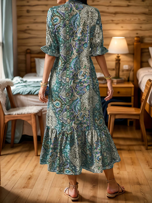 Elegant Bohemian Paisley Midi Dress – Flowy V-Neck Ruffle Hem Dress for Women